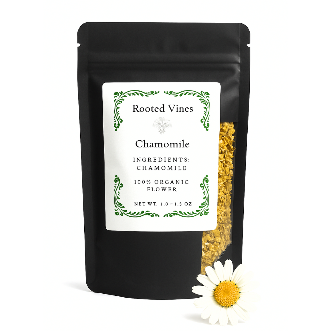 Black package of chamomile with 'Rooted Vines' label and a daisy flower on a white background