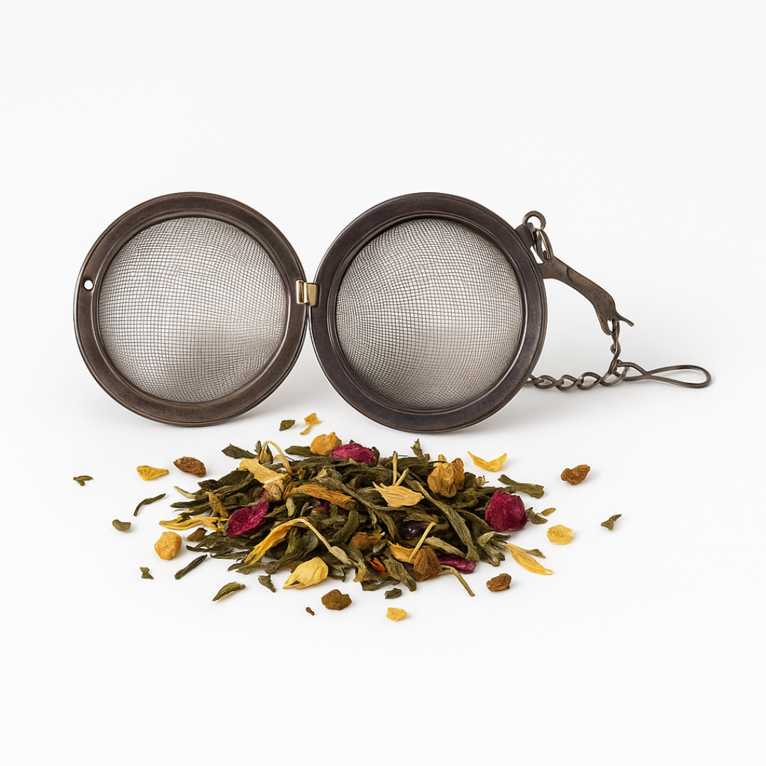 Tea ball with mesh design on a white background with loose tea leaves around it.