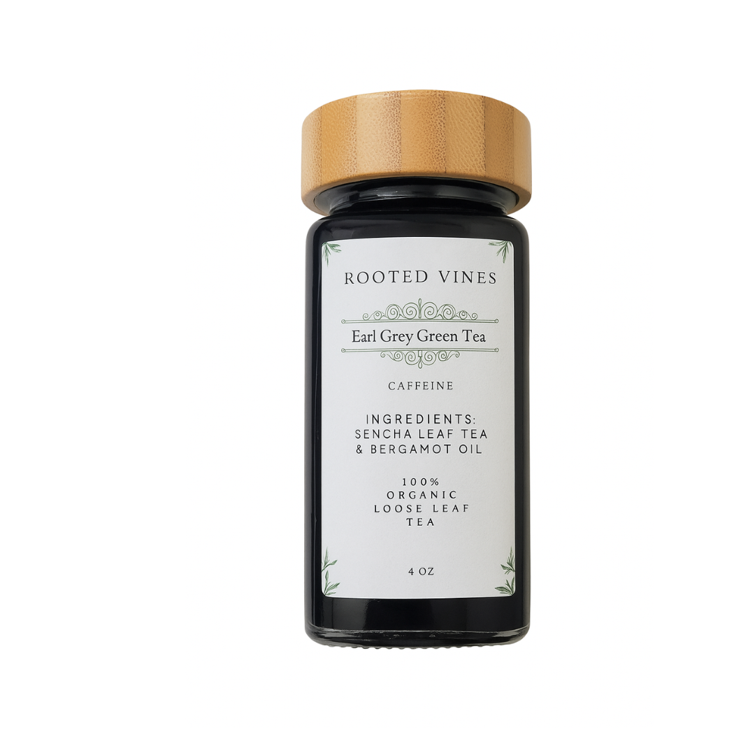 Tea jar with a wooden lid labeled 'Rooted Vines' on a white background