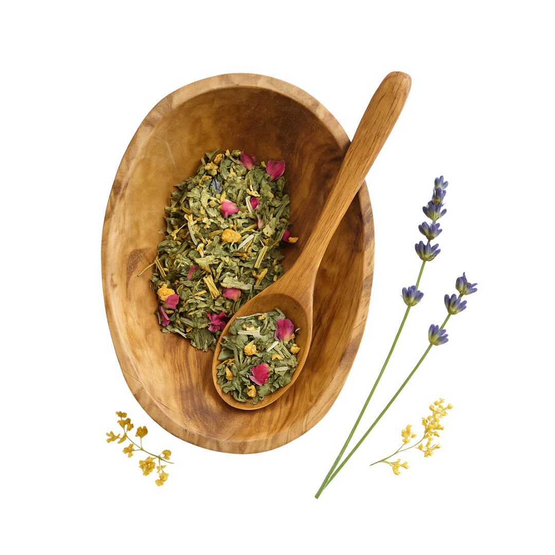 Wooden bowl with dried herbs and a wooden spoon, surrounded by lavender flowers on a white background