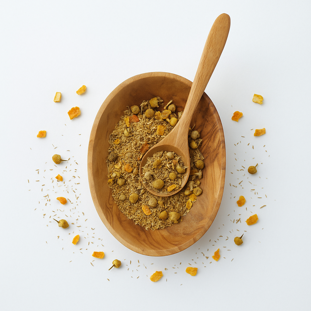 Wooden bowl with dried herbs and a wooden spoon on a white background
