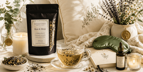 Rooted Vines Rest & Sleep herbal tea beside a glass teacup, sleep mask, journal, candles, and calming botanicals in a cozy evening setting.