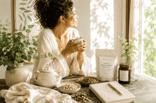 Woman sitting at her desk with a book and pen. She is holding a tea cup and looking out the window