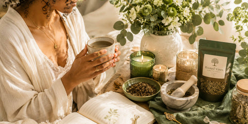 Woman holding a cup of herbal tea beside a Rooted Vines loose-leaf tea pouch, journal, candles, and dried botanicals in a calm, cozy setting.