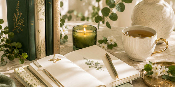 Open journal with pen beside a cup of tea, books, candle, and fresh greenery in a warm, peaceful reading and reflection setting.