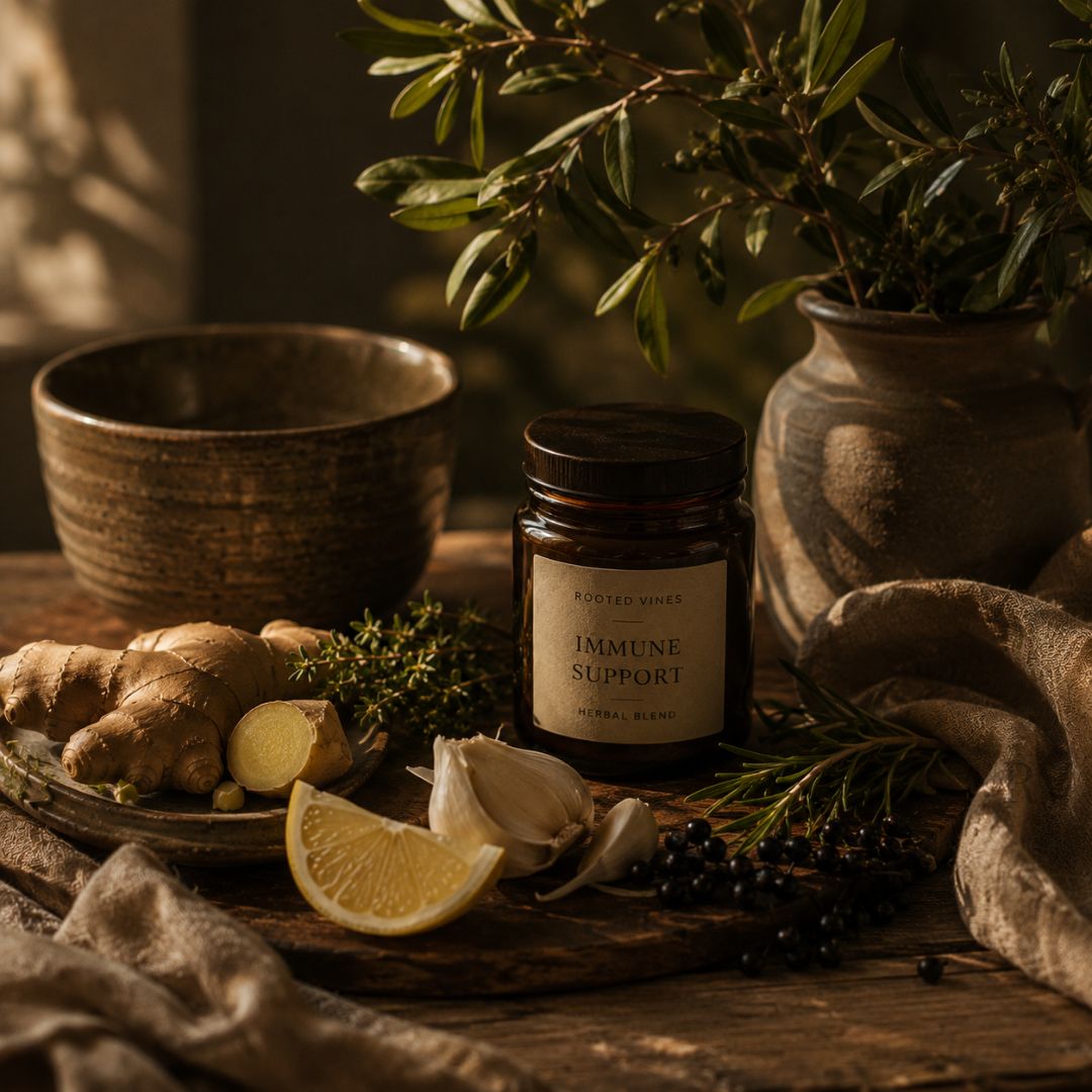 Moody herbal still life with ginger, lemon, garlic, herbs, and rustic pottery in a warm earthy setting.
