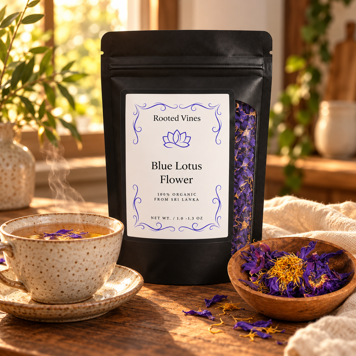 Rooted Vines Blue Lotus Flower Herbal Tea hero with pouch, brewed tea, and whole flowers