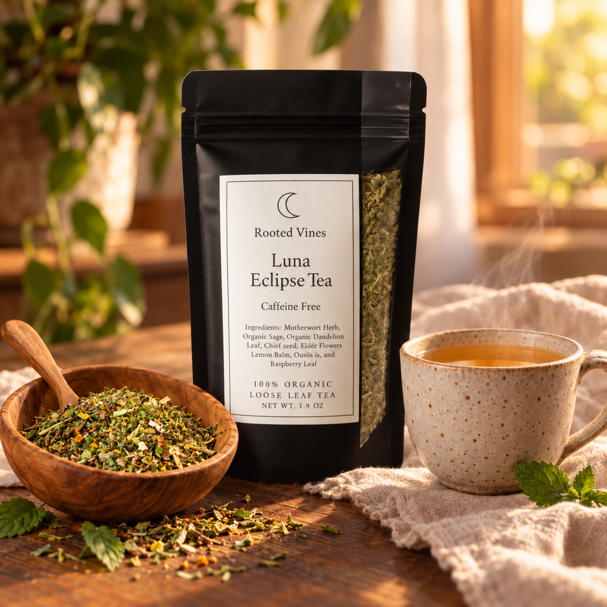 Rooted Vines Luna Eclipse Herbal Tea hero with pouch, brewed tea, and loose-leaf blend