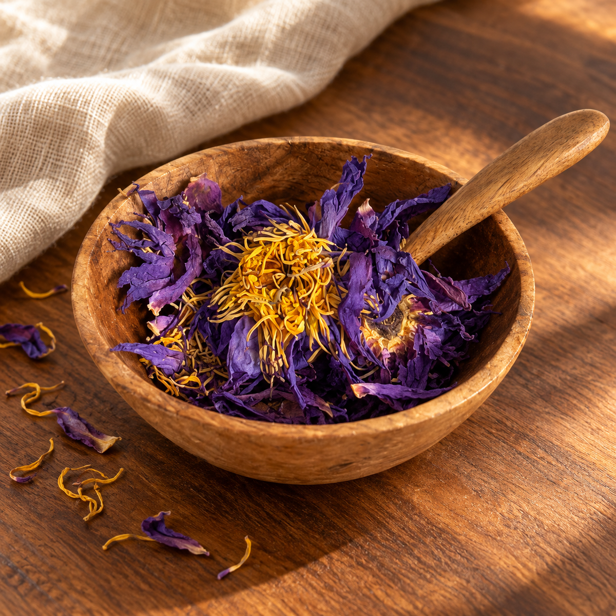 Whole dried blue lotus flowers in a wooden bowl