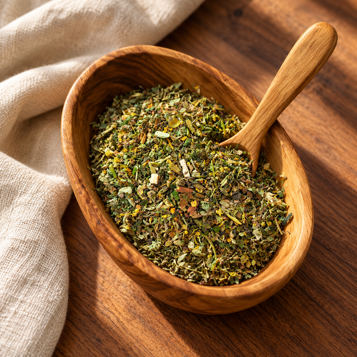 Luna Eclipse Herbal Tea loose-leaf blend detail in wooden bowl