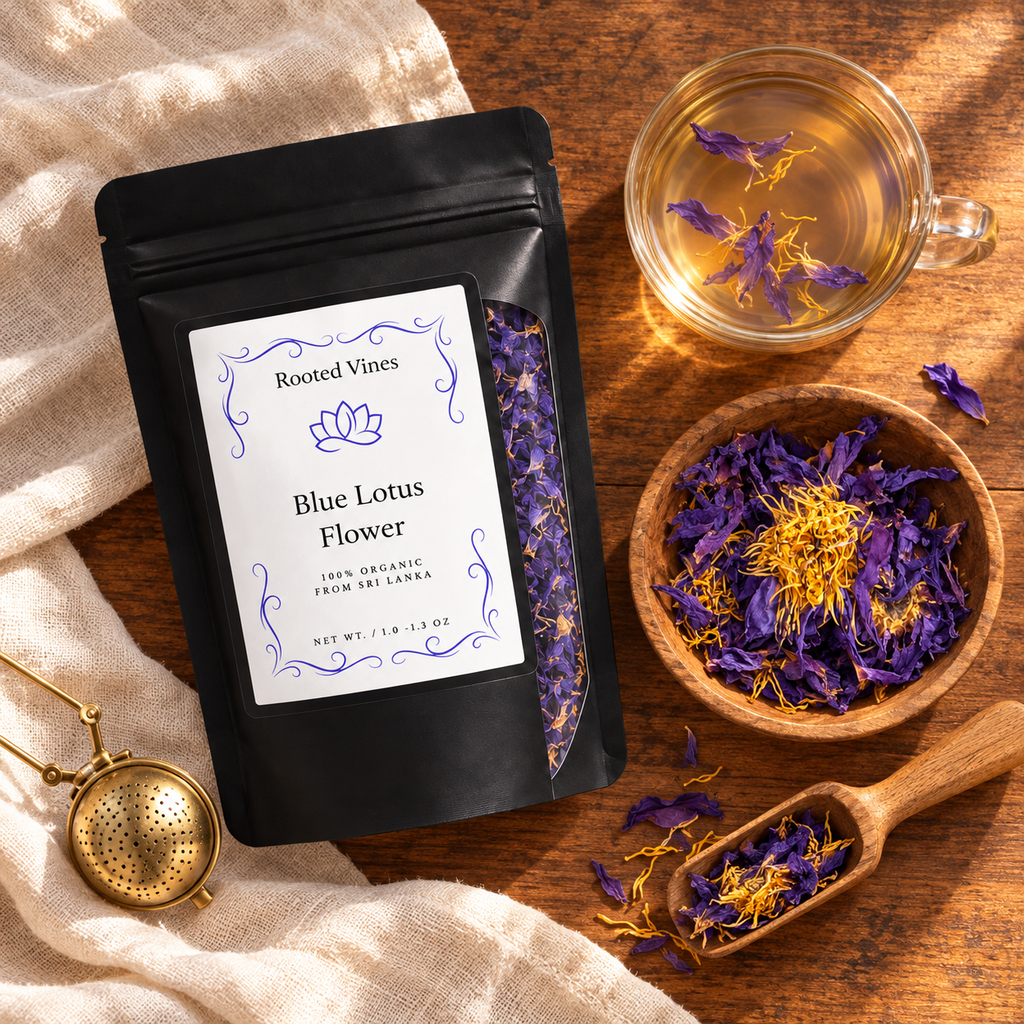 Blue Lotus Flower Herbal Tea overhead product flat lay