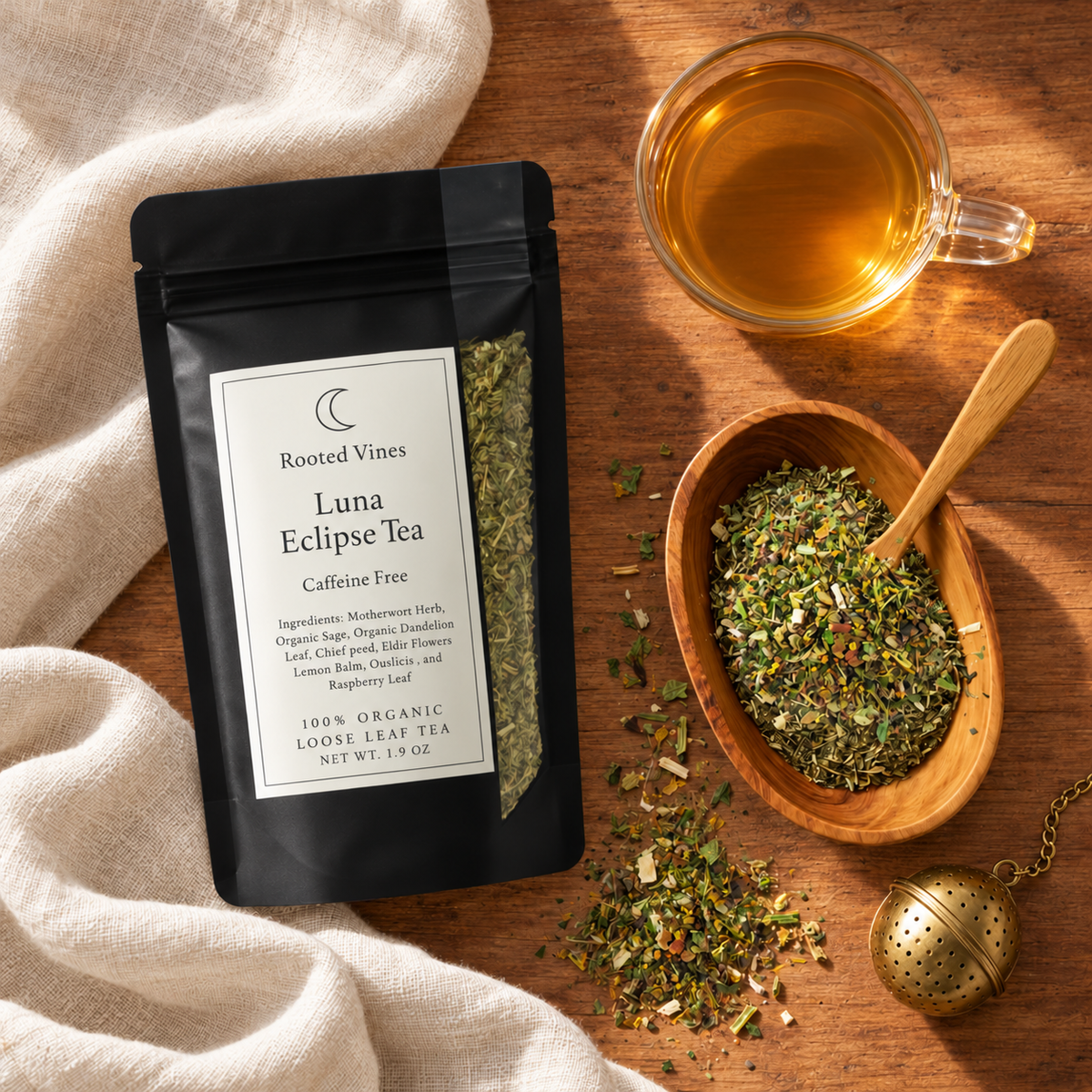 Luna Eclipse Herbal Tea overhead product flat lay