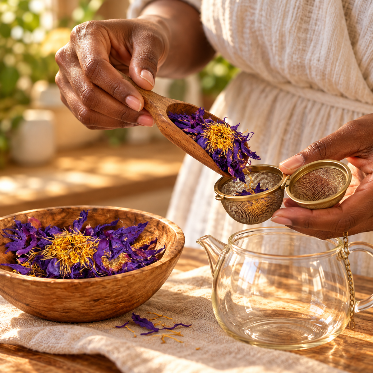 Measuring whole blue lotus flowers into a tea infuser