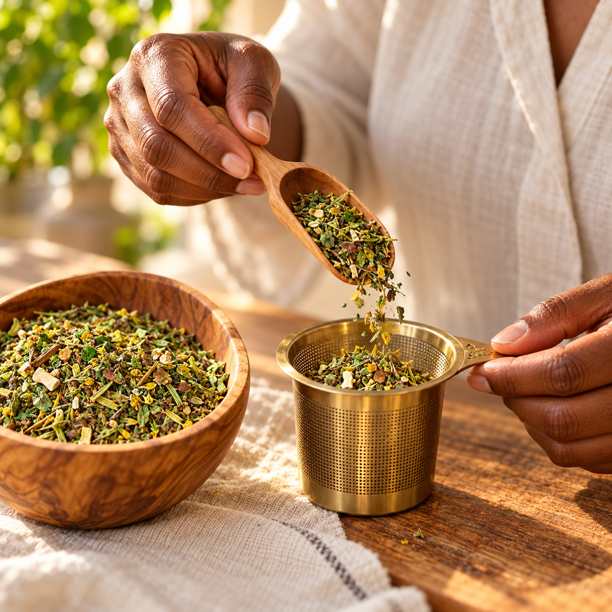 Measuring Luna Eclipse loose-leaf tea into a brass infuser
