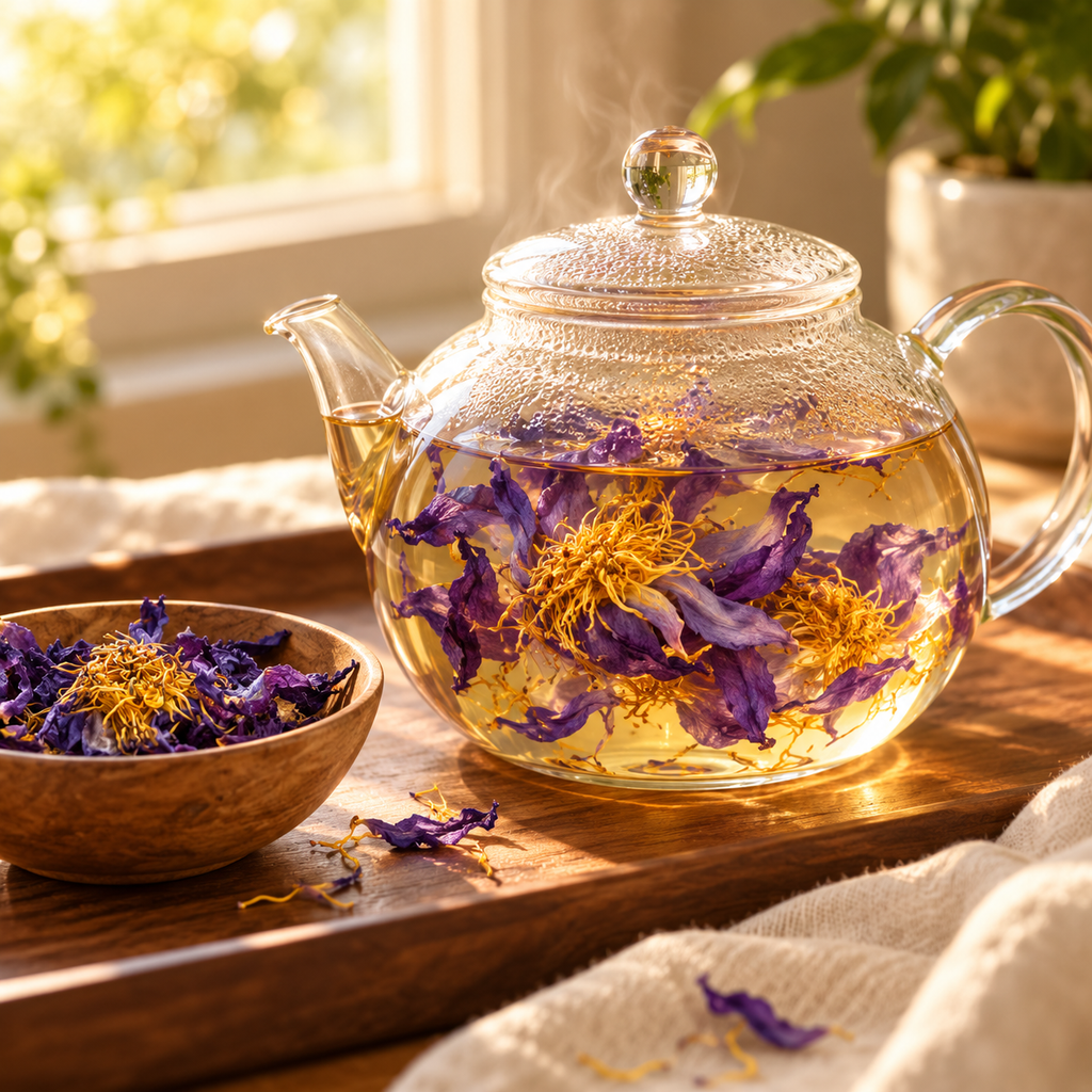 Whole blue lotus flowers steeping in a glass teapot