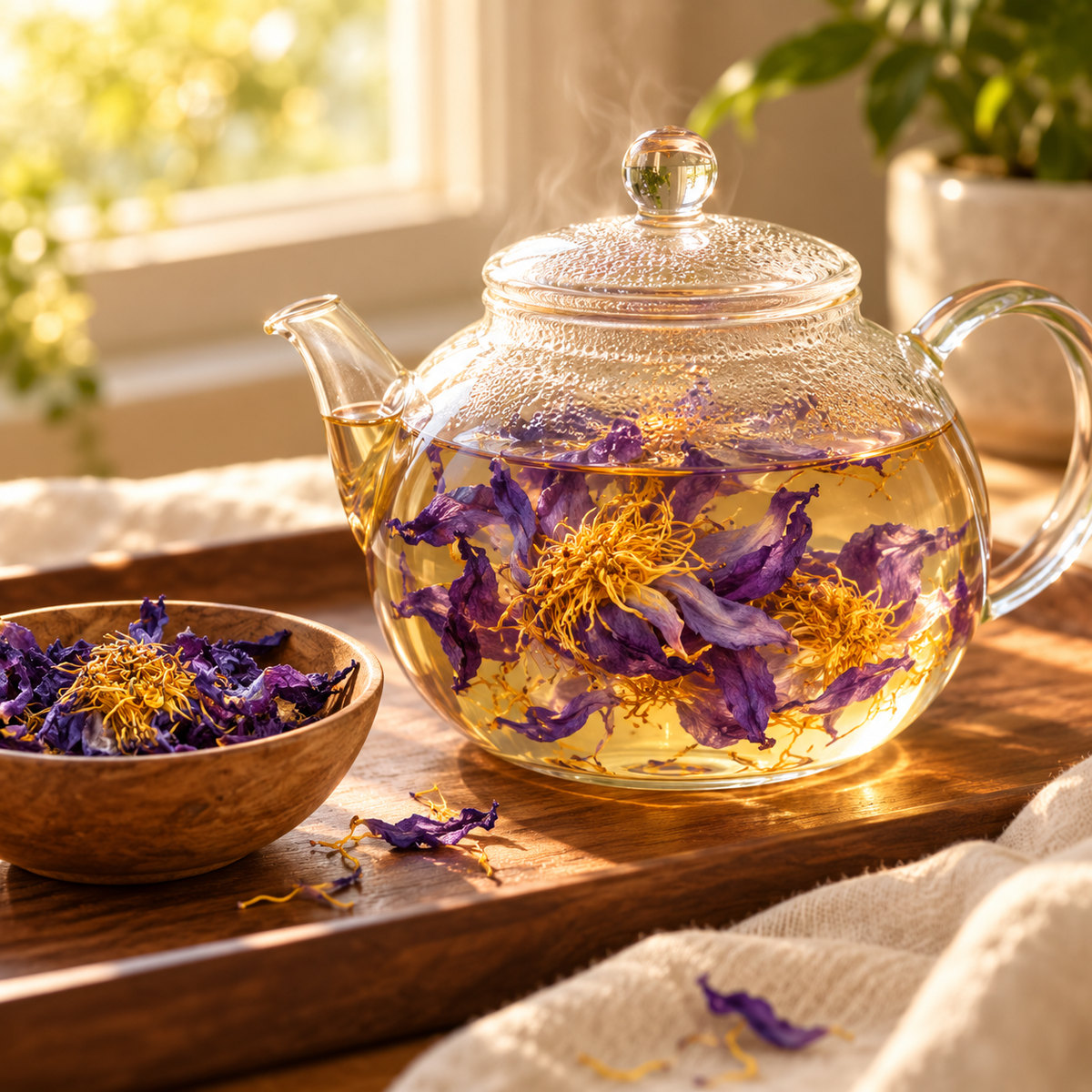 Whole blue lotus flowers steeping in a glass teapot