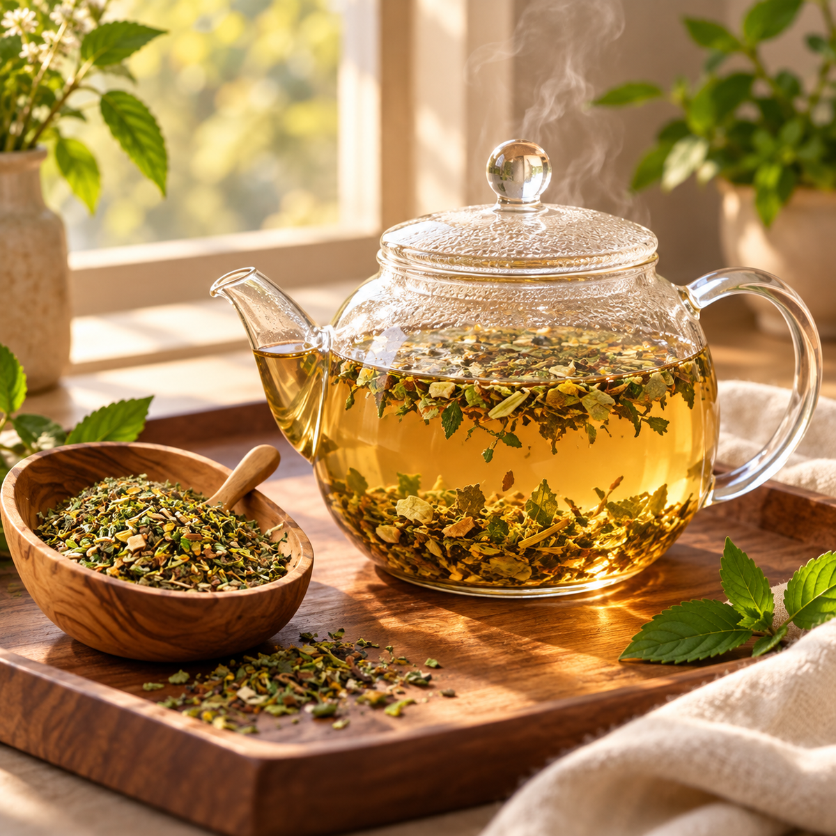 Luna Eclipse Herbal Tea steeping in a glass teapot