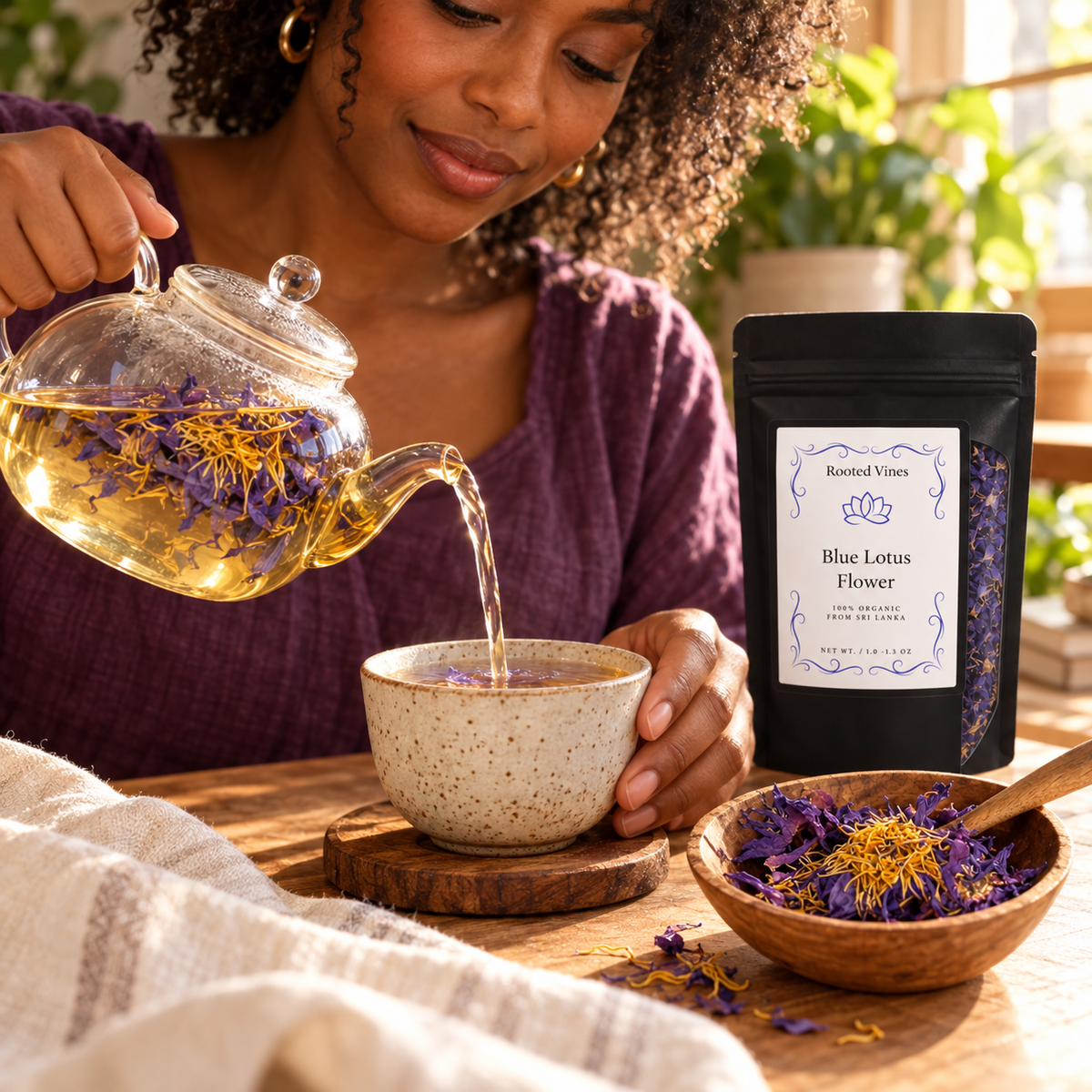 Woman pouring Blue Lotus Flower Herbal Tea