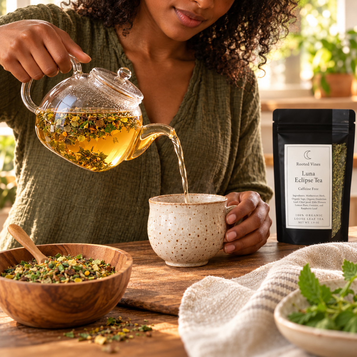 Woman pouring Luna Eclipse Herbal Tea into a ceramic cup