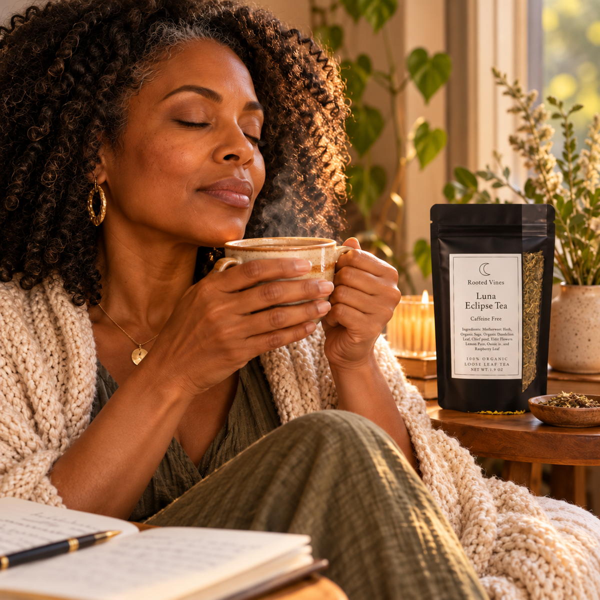 Woman enjoying a quiet Luna Eclipse tea ritual