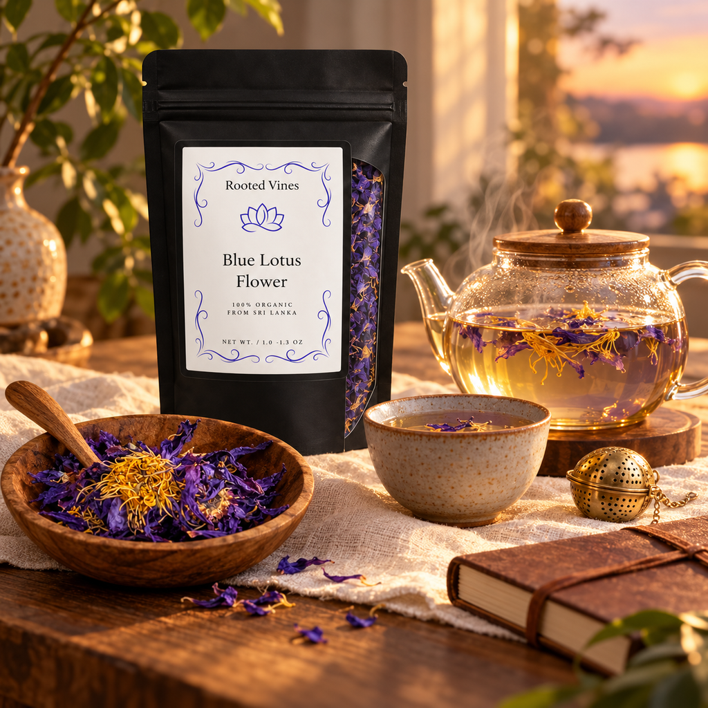 Complete Blue Lotus Flower Herbal Tea ritual still life