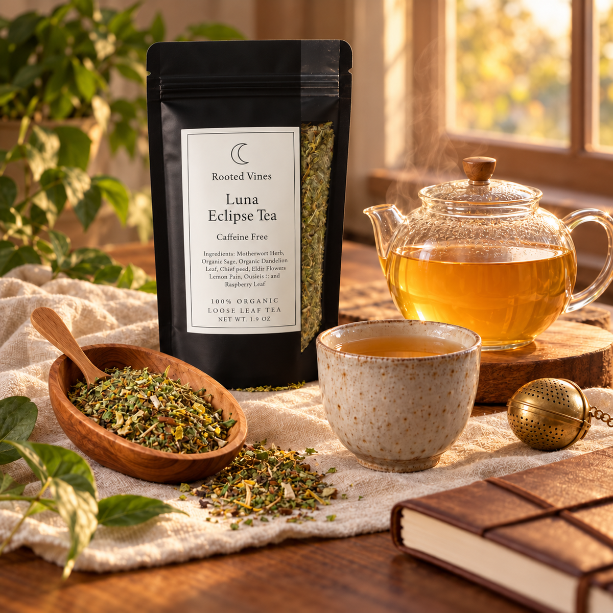 Complete Luna Eclipse Herbal Tea ritual still life