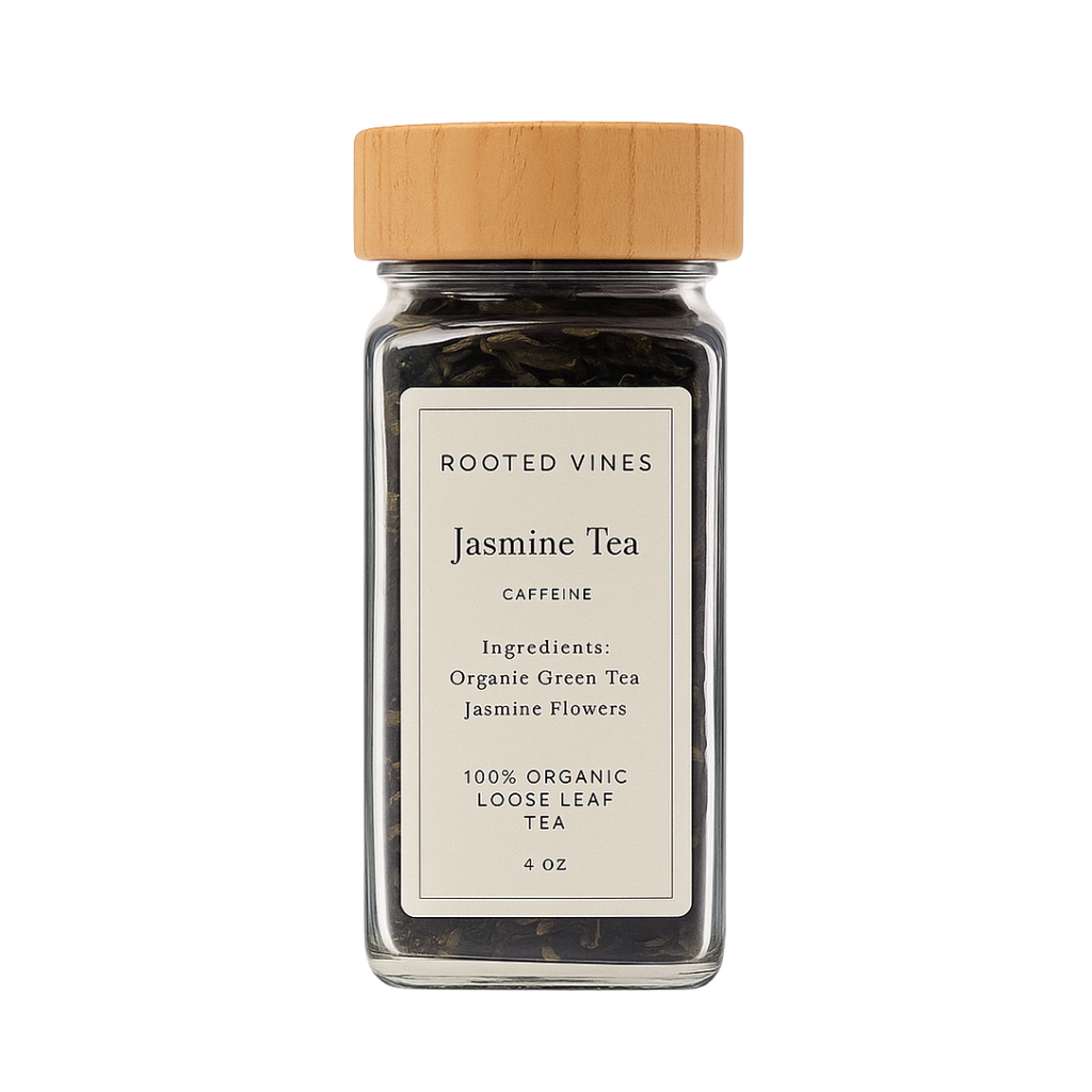 Jar of Rooted Vines Jasmine Tea with a wooden lid on a white background