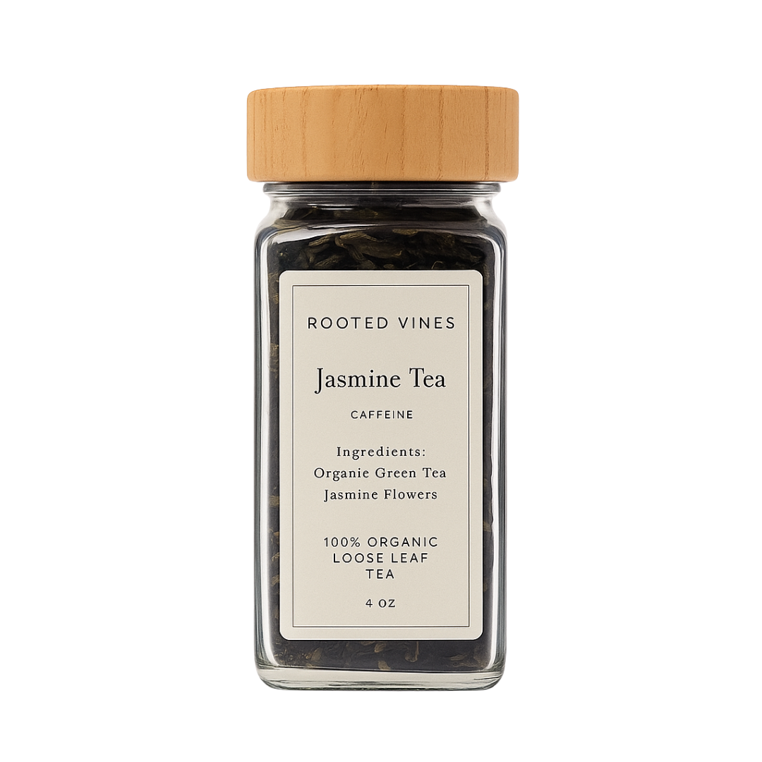 Jar of Rooted Vines Jasmine Tea with a wooden lid on a white background
