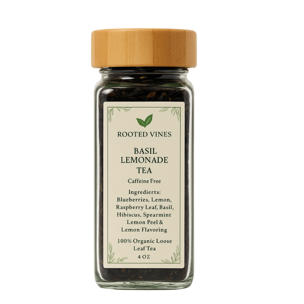 Glass jar of Basil Lemonade Tea by Rooted Vines on a white background