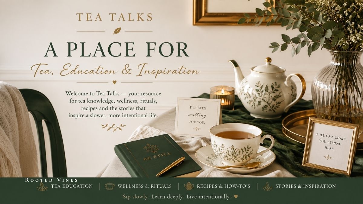 A styled tea-themed promotional graphic with the text 'TEA TALKS A PLACE FOR Tea, Education & Inspiration' over a tabletop scene featuring a teapot, teacup, book, cards, and framed signs on a green runner.