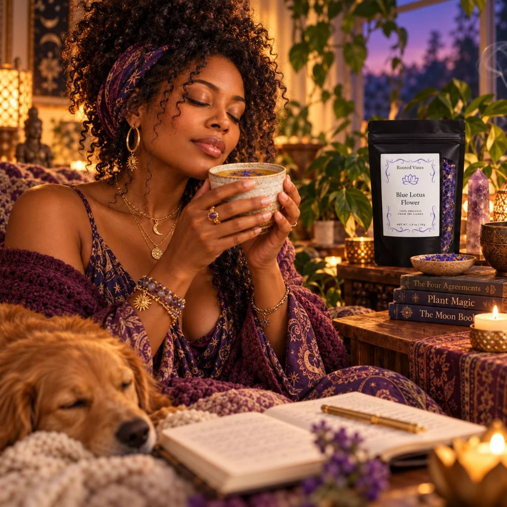 A cozy indoor scene with a woman in a purple patterned robe holding a steaming cup, a golden dog resting nearby, and a black pouch labeled 'Blue Lotus Flower' on a table. The setting is warmly lit with candles, plants, and books, creating a relaxing atmosphere.