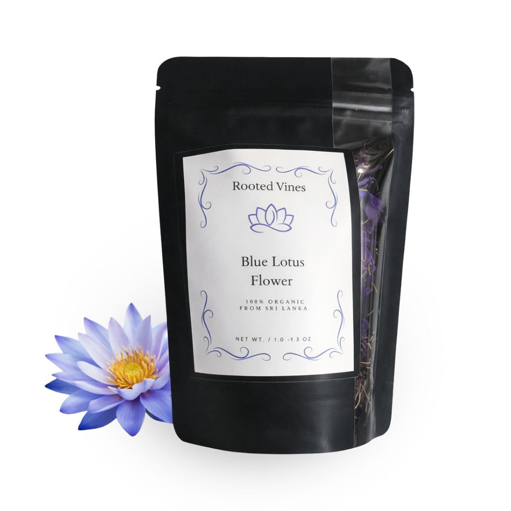 Black package of 'Blue Lotus Flower' by Rooted Vines with a purple flower on a white background