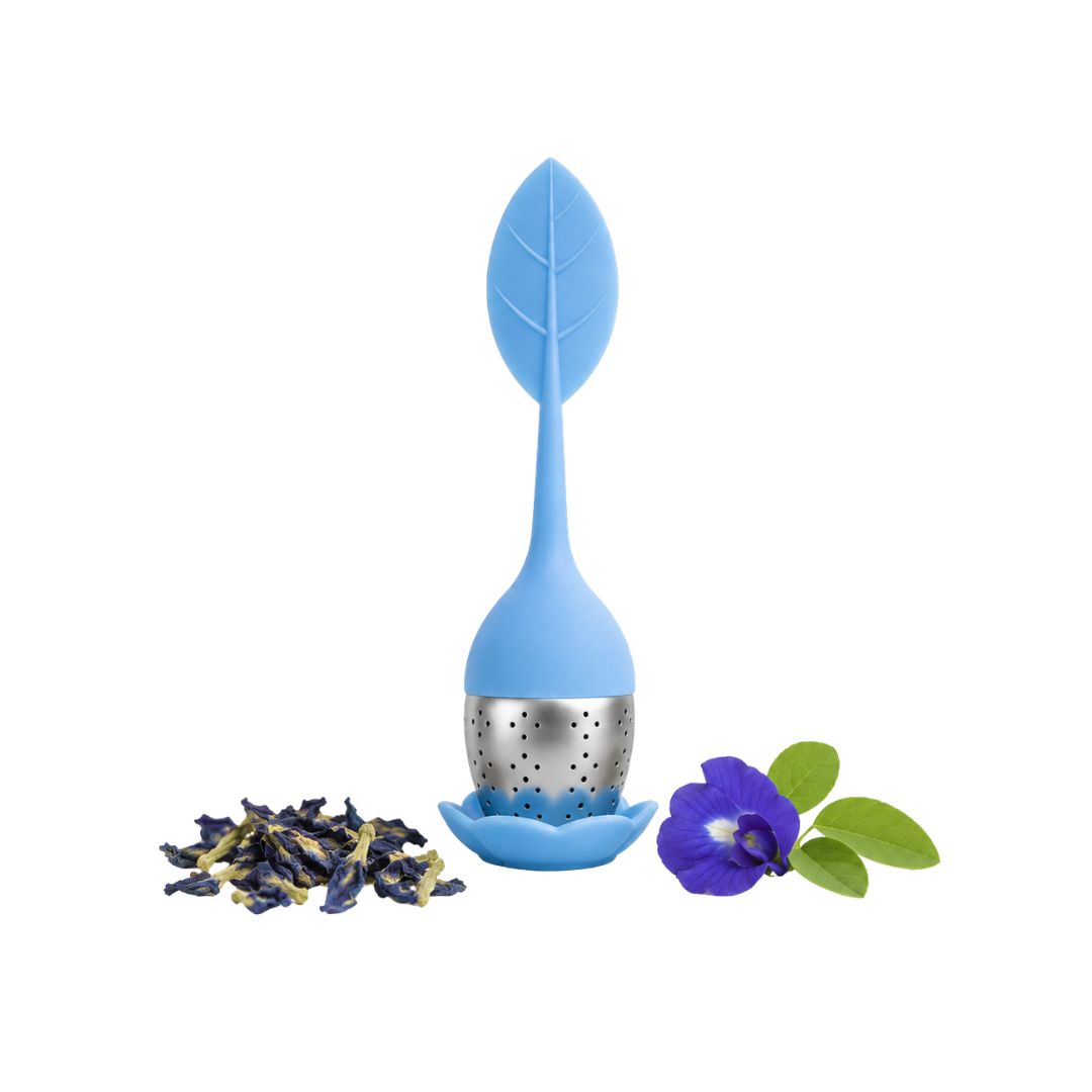 Blue tea infuser with butterfly pea flowers on a white background