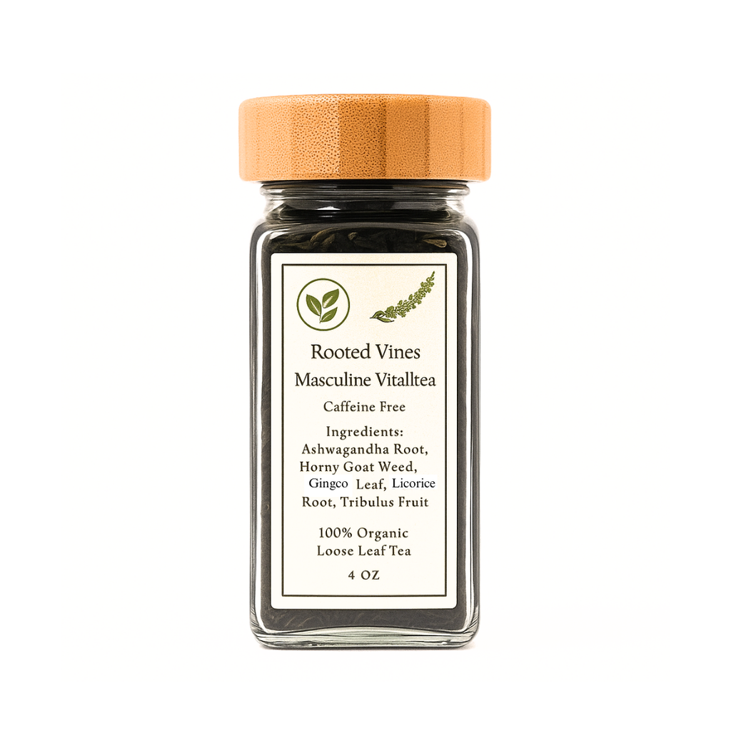 Glass jar of Rooted Vines Masculine Vitaltea with a wooden lid on a white background