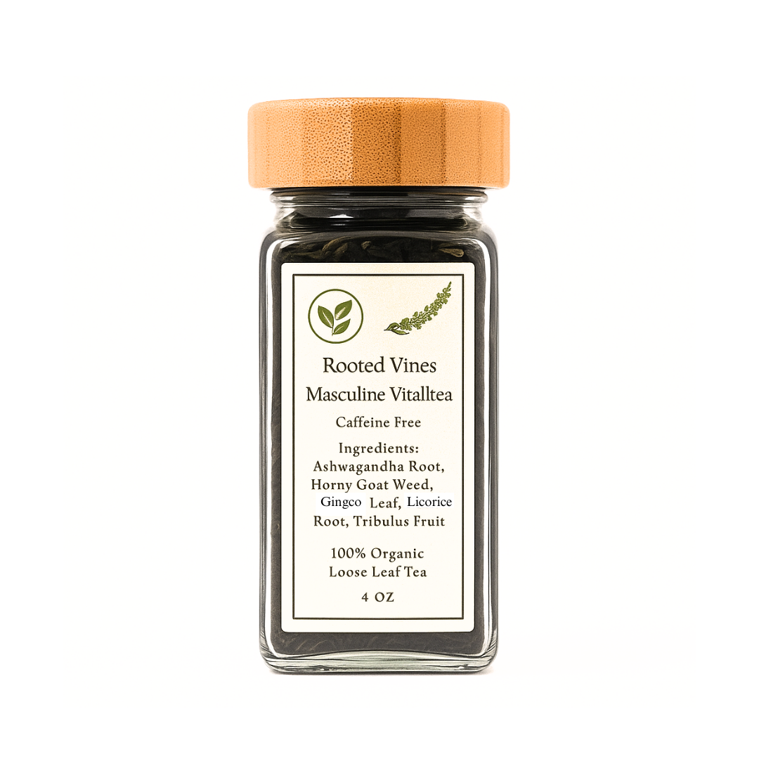 Glass jar of Rooted Vines Masculine Vitaltea with a wooden lid on a white background