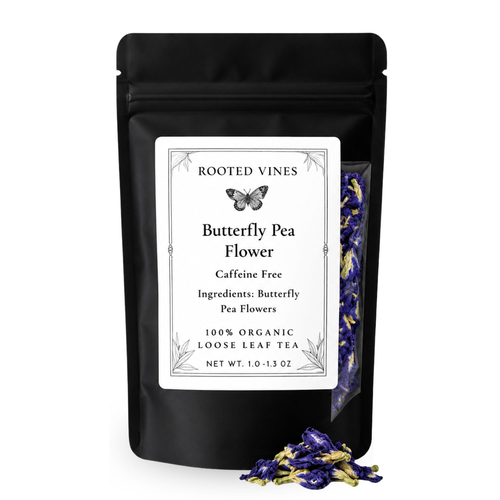 A black stand-up pouch of Rooted Vines Butterfly Pea Flower loose leaf tea, shown on a white background with a few loose purple and yellow flowers in front.