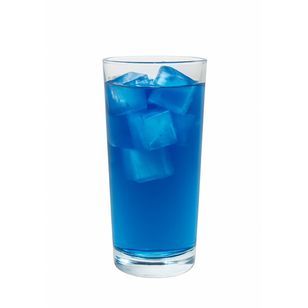 Clear glass filled with blue liquid and ice cubes on a white background