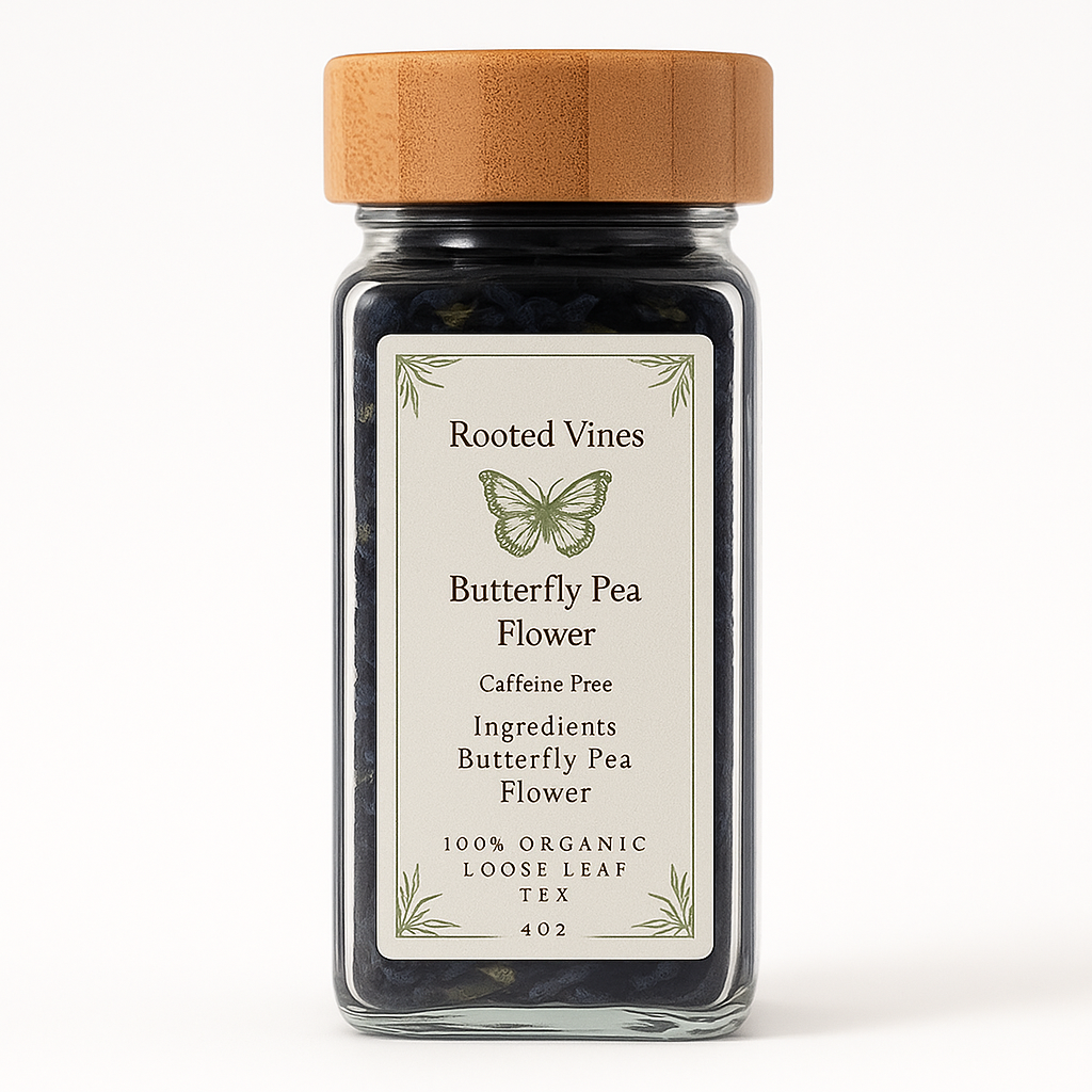 Glass jar of butterfly pea flower with a wooden lid on a white background