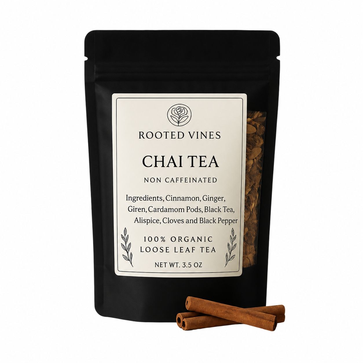 Black package of Rooted Vines Chai Tea with cinnamon sticks on a white background