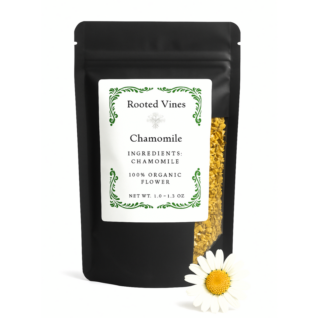 Black package of chamomile with 'Rooted Vines' label and a daisy flower on a white background