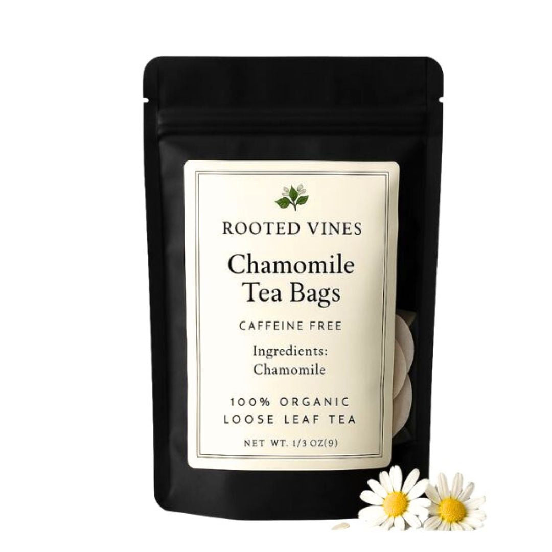 Rooted Vines Chamomile Tea Bags packaging with chamomile flowers on a white background