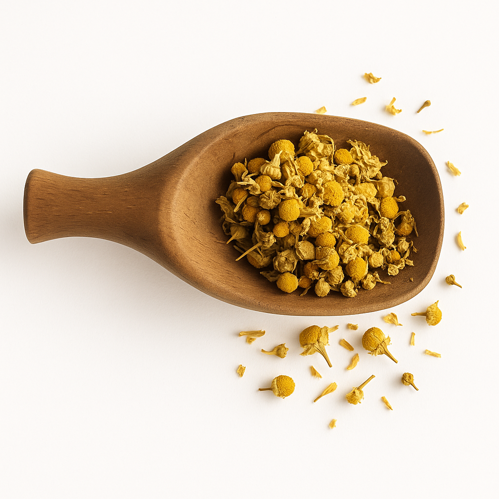 Wooden scoop filled with dried yellow flowers on a white background