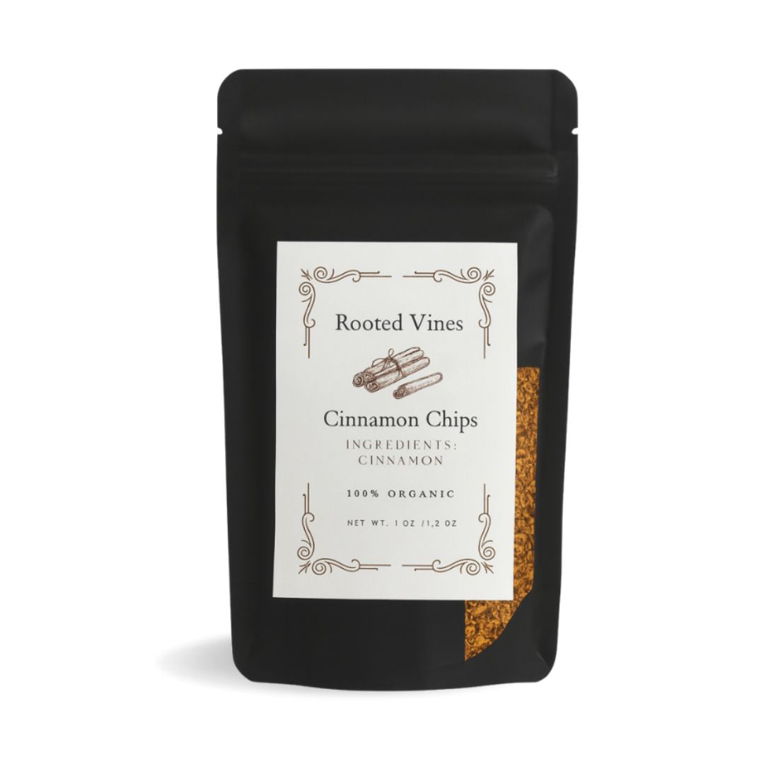Black package of Rooted Vines Cinnamon Chips on a white background