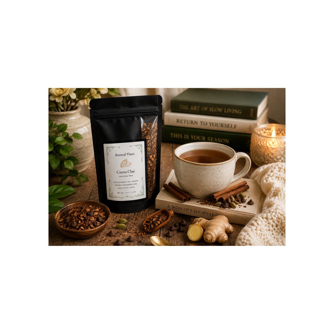A black stand-up pouch of Sacred Roots Cosmetics Cocoa Chai tea is displayed on a rustic tabletop with a ceramic mug of hot tea, ginger root, cinnamon sticks, loose tea ingredients, stacked books, and a candle in a cozy styled setting.