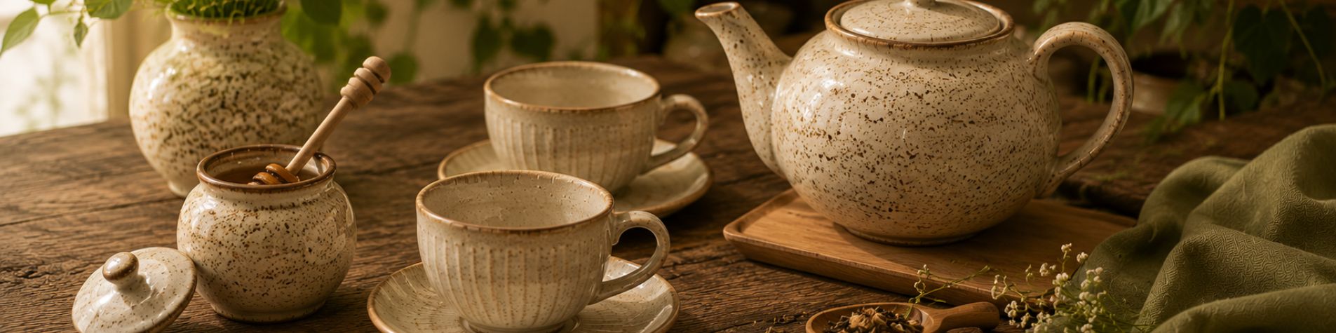 Ceramic teapot and cups on a wooden table with a warm, natural setting.