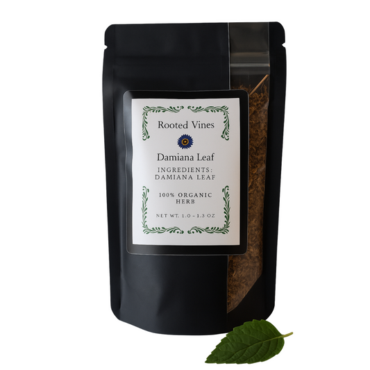 Black packaging of Rooted Vines Damiana Leaf with a label on a white background