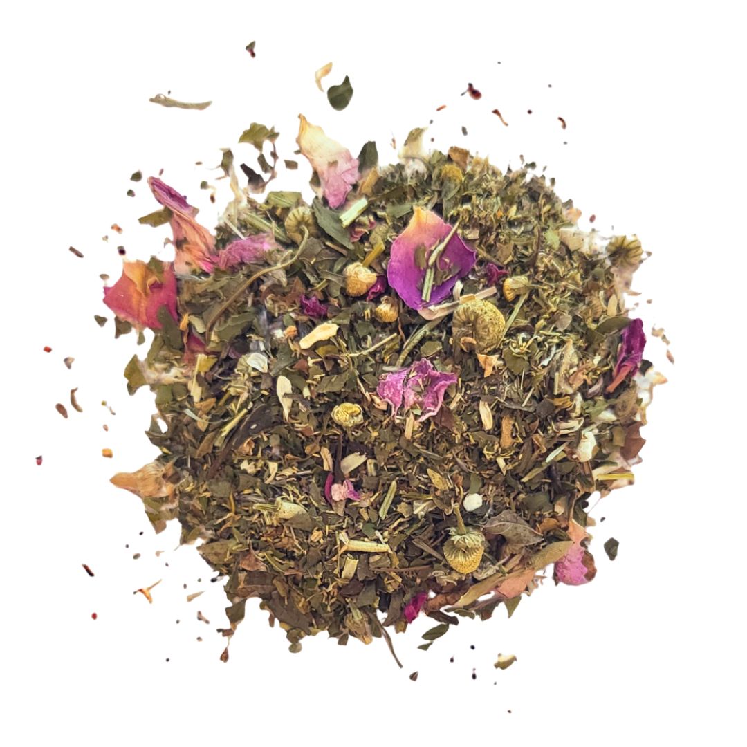 Mixture of dried herbs and flowers on a white background