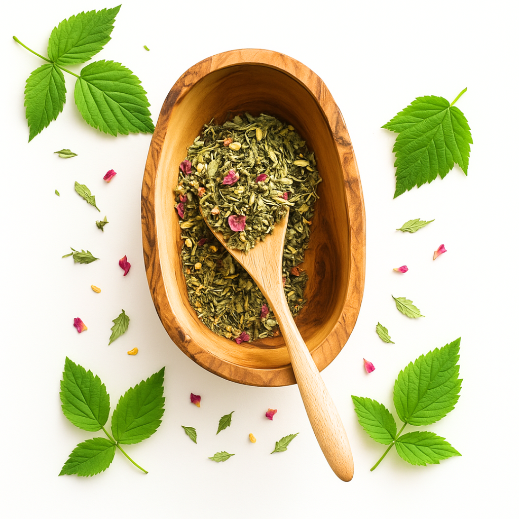 Wooden bowl with dried herbs and a wooden spoon, surrounded by green leaves on a white background