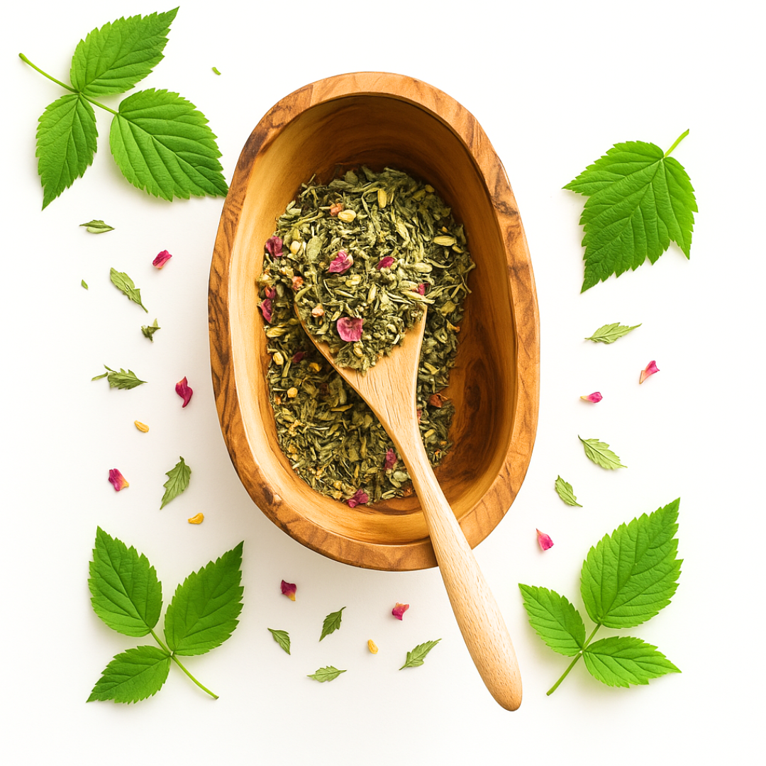 Wooden bowl with dried herbs and a wooden spoon, surrounded by green leaves on a white background