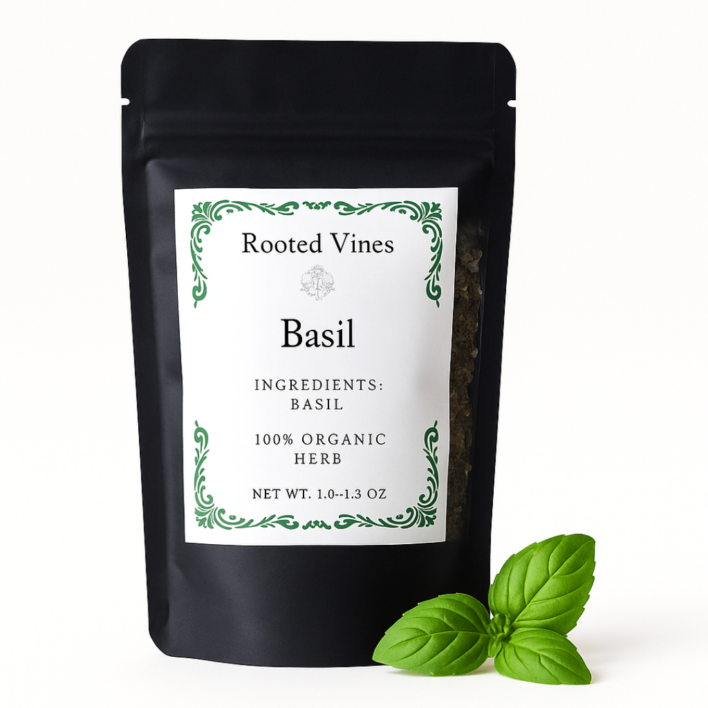 Black package of 'Rooted Vines' basil herb with a white label on a white background